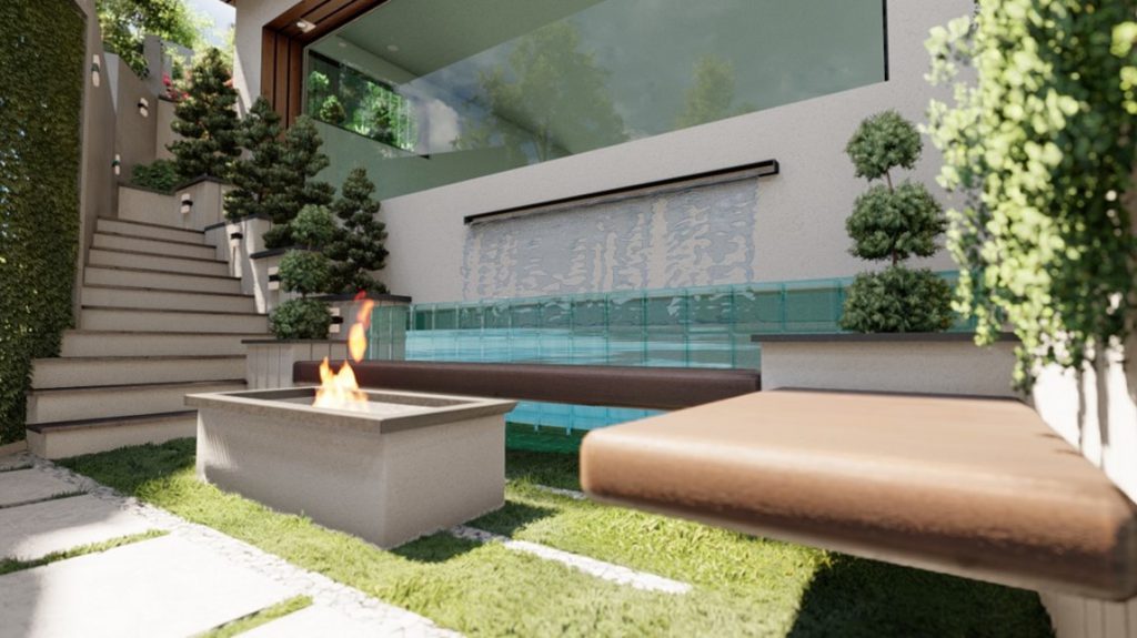 ترکیب آتشدان و آبنما و فضای نشستن پروژه ویلا آپارتمان تنکابن توسط گروه معماری دانشی