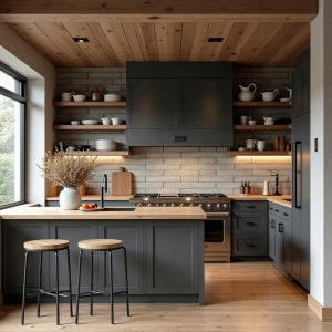 آشپزخانه با کابینت تیره و سقف چوبی