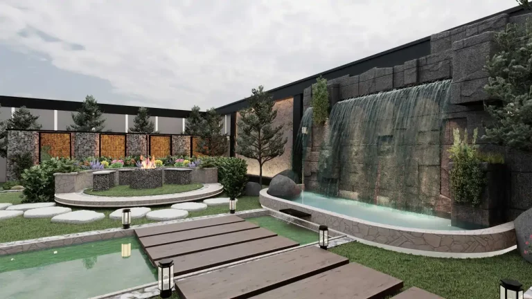 دید به آبنما و دیوار گابیون