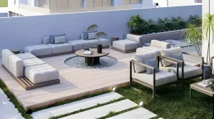 قسمت نشیمن روی سکو با مبلمان لوکس